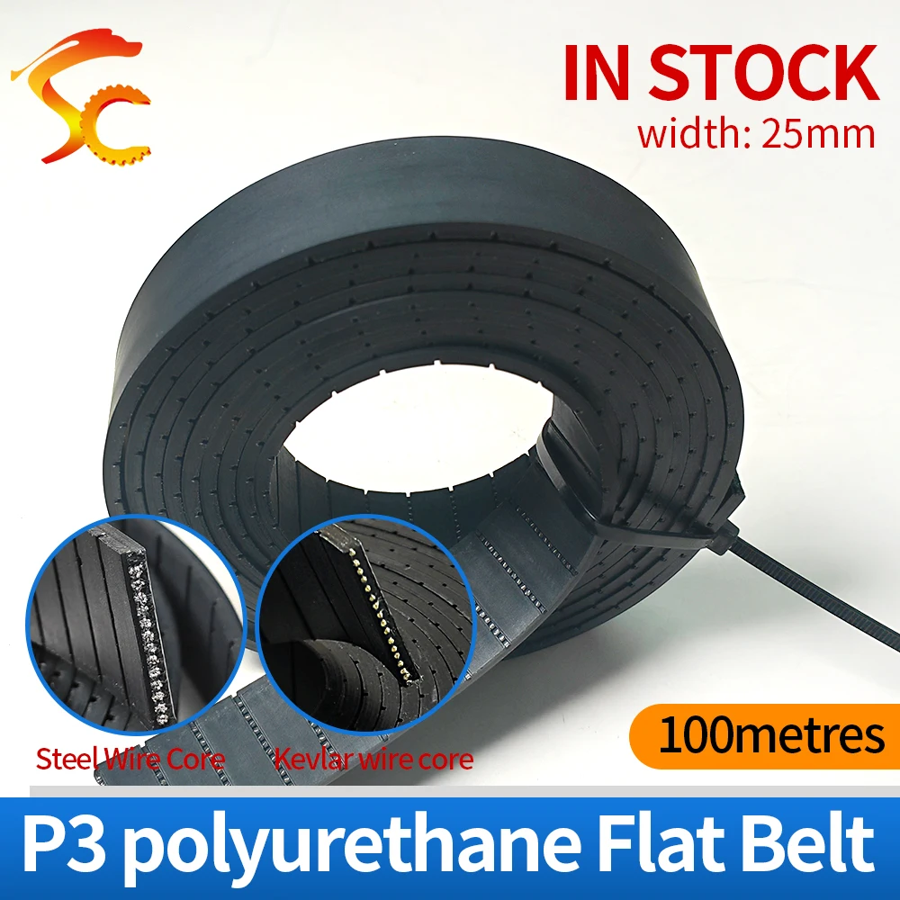 

Free shipping 100Metres P3 Flat Belt Width 25mm Thickness 3mm color black Polyurethane with Steel core for Fitness Equipment