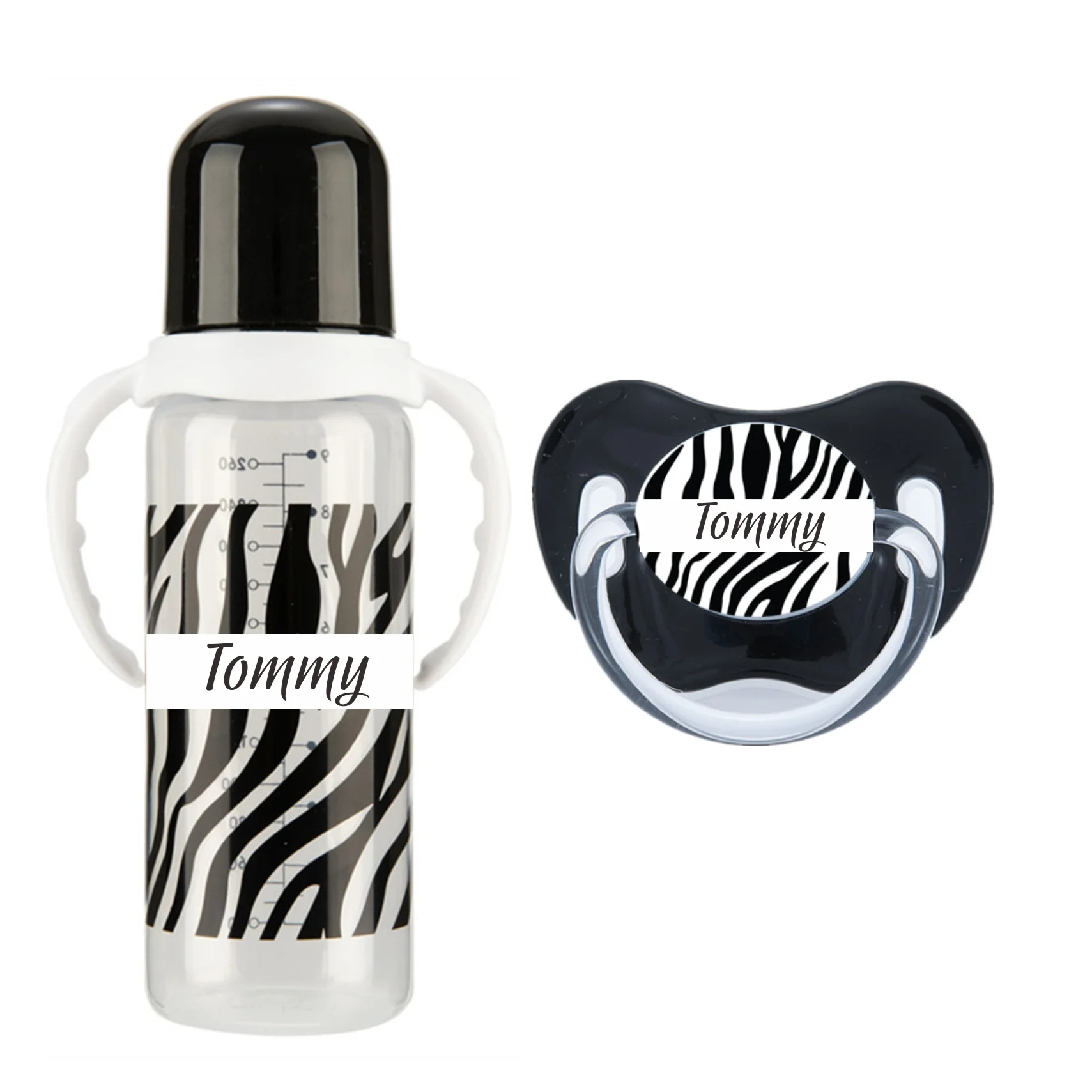 

MIYOCAR personalized name Zebra baby bottle feeding bottle pacifier 2pcs set BPA free plastic 260ml standard neck special gift