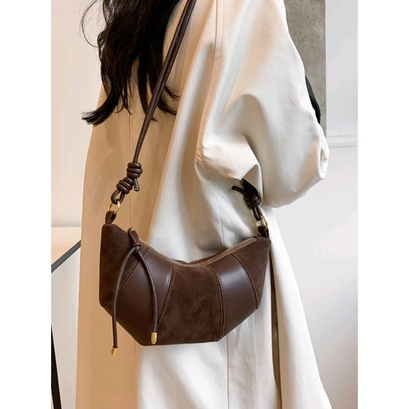 Retro Croissant Suede Tote Shoulder Crossbody Bags for Women Handbags and Purses New Trendy Design Lady's Messenger Bag