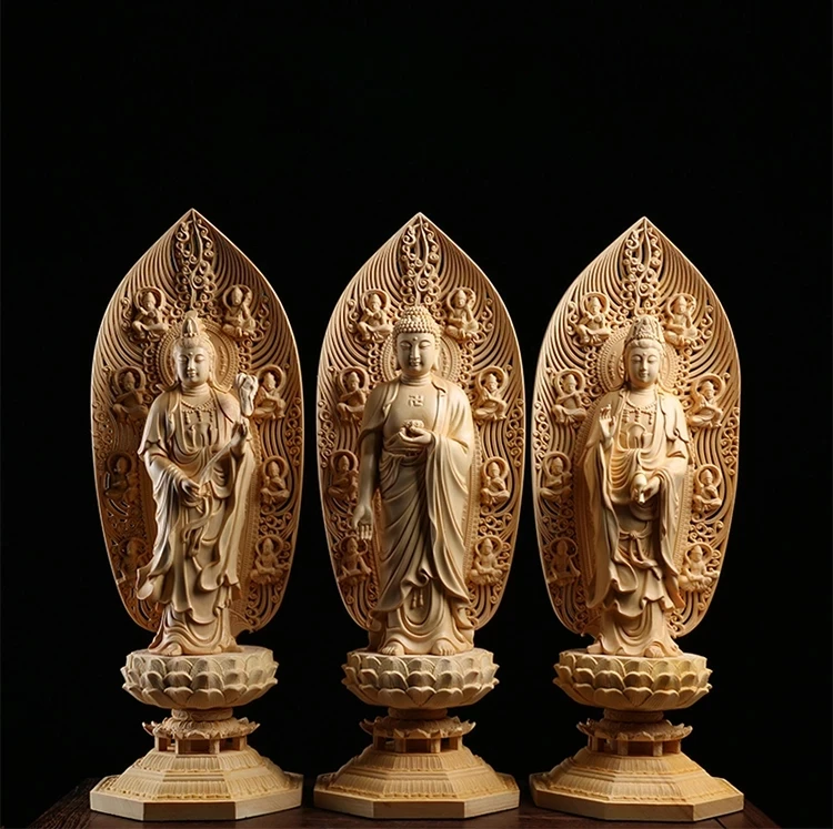 42Cm 3 Pezzi Western Three Buddha Wood Statue Home Decor Figura Scultura Budda Carving Real Wood Decoration Gifts
