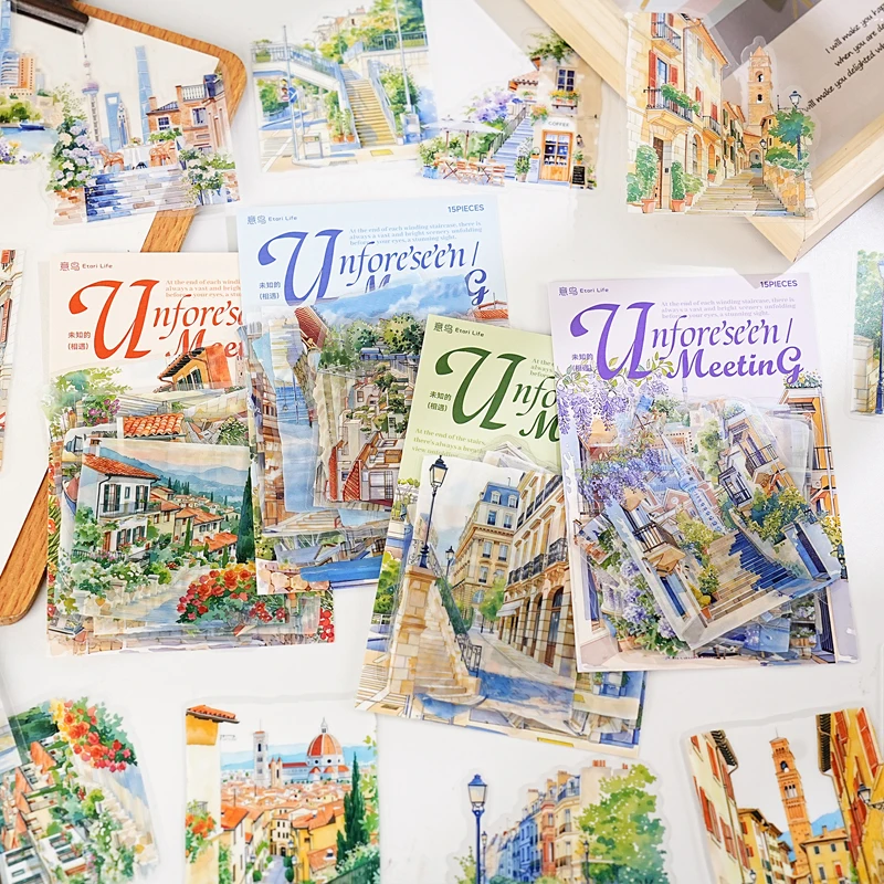 Mr.Paper 4팩 PET 스티커, 미적 도시 풍경 디오라마 스티커, 저널 스크랩북킹 DIY 커피컵 휴대폰 케이스용