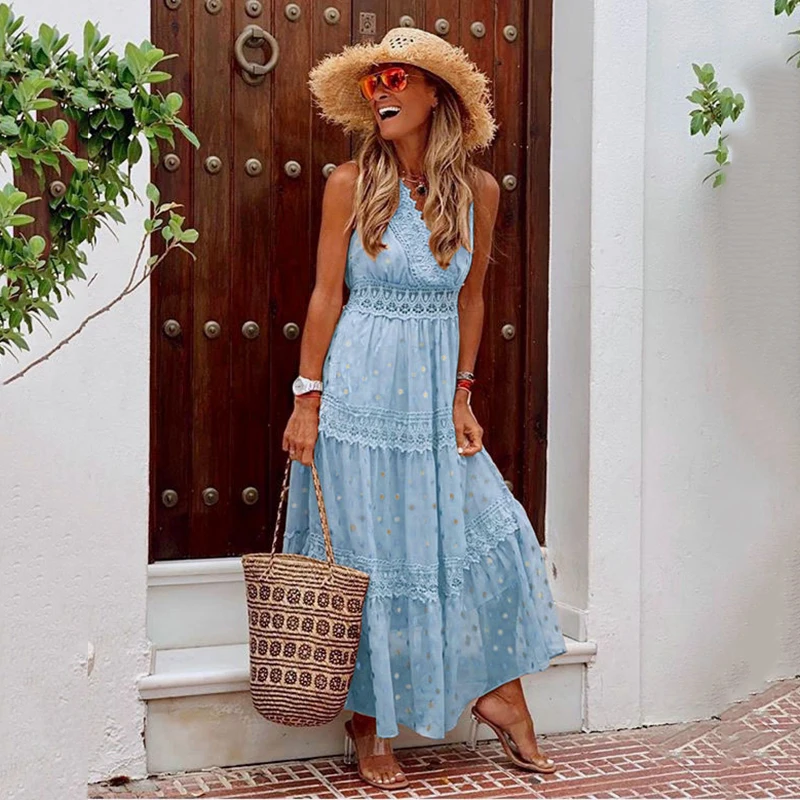 

Sexy Deep V Sleeveless Summer Chiffon Dress Loose Bohemia Beach Long Dresses Elegant Sweet With Shining Printing Dot Lace Fringe