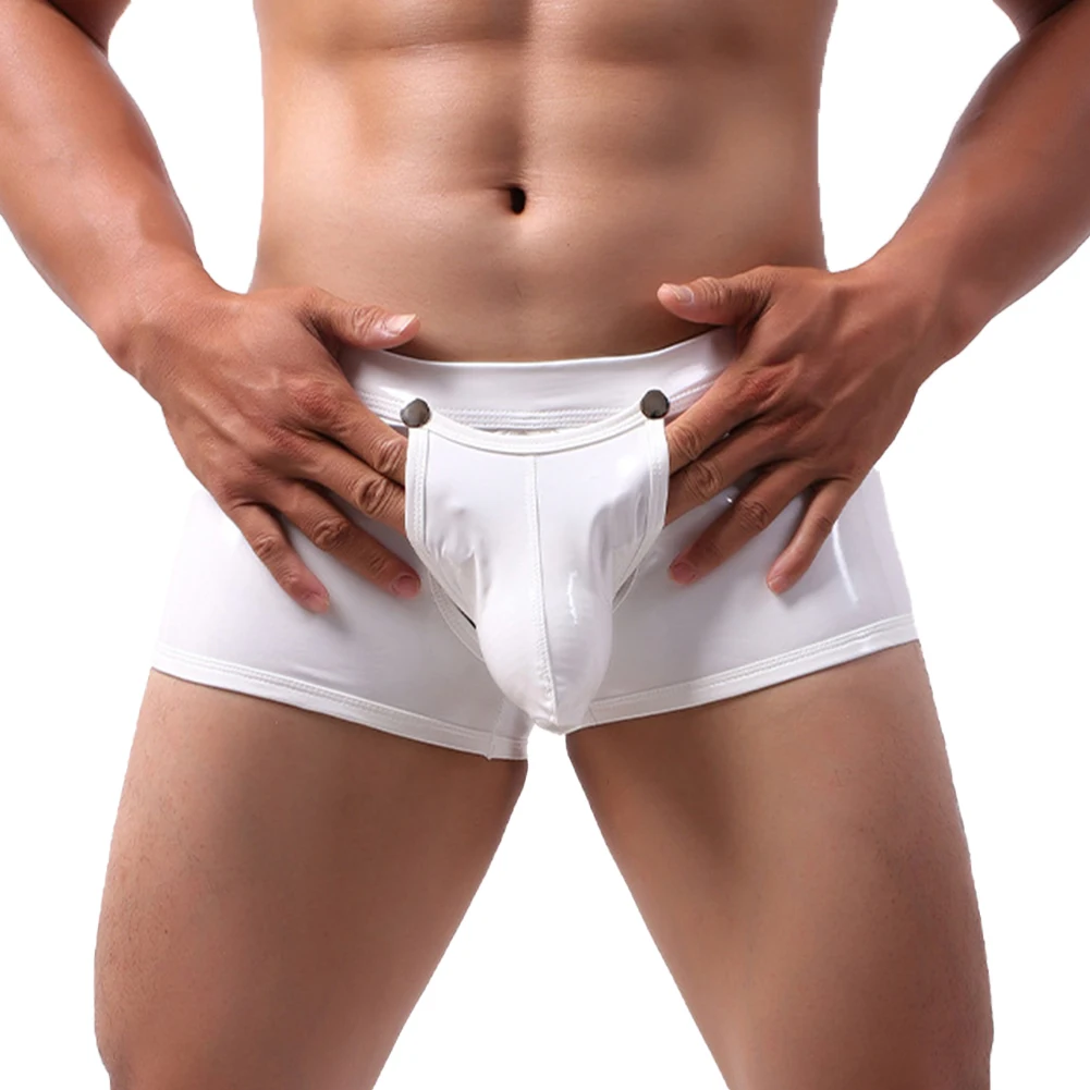 

Шорты-боксеры мужские из искусственной кожи, Дышащие Короткие штаны с пуговицами, с выемкой, с открытой передней частью, Клубная одежда, нижнее белье