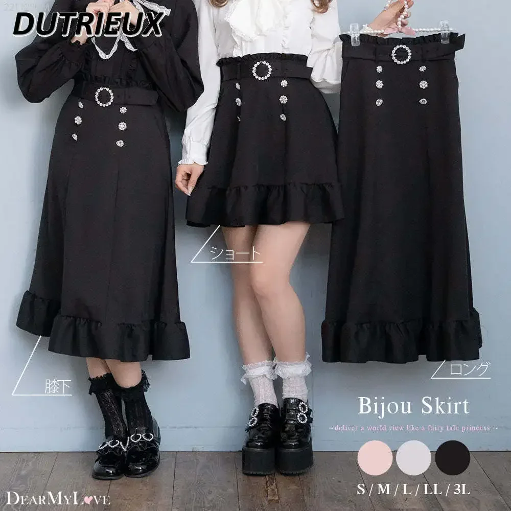 2023 Summer New Sweet Lolita Short Skirt Women's High Waist Black Ruffled Pleated Skirt Beaded Lace-up Black Skirt for Students