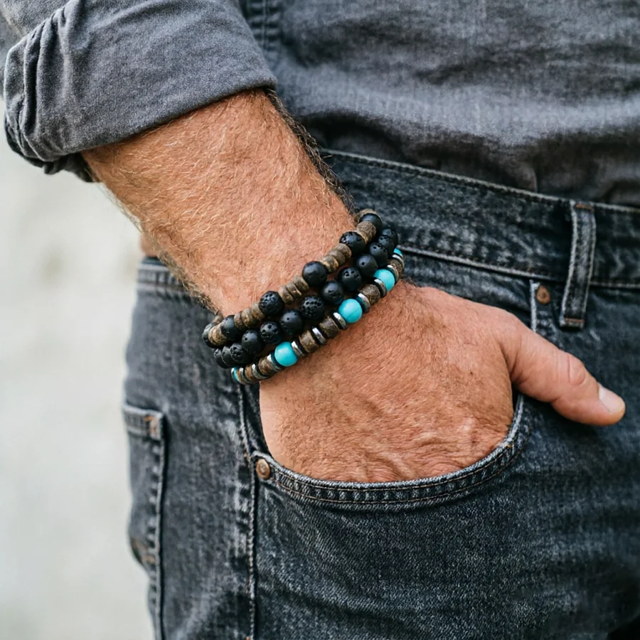 Mehrschichtiges Armband-Set für Herren aus Lavastein und Holzperlen, natürliche Kokosnussperlen, Heilarmband, lässiger Schmuck, perfektes Geschenk für Ihn