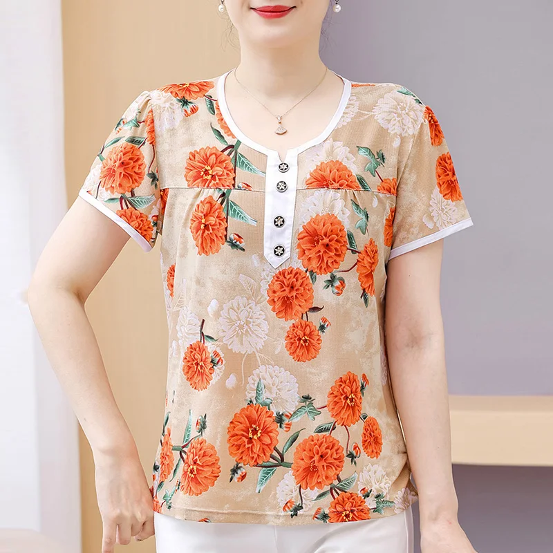 Elegant Female Blouses Summer 2024 Casual Middle-aged Woman Tops Short Sleeve Floral Shirt with Print