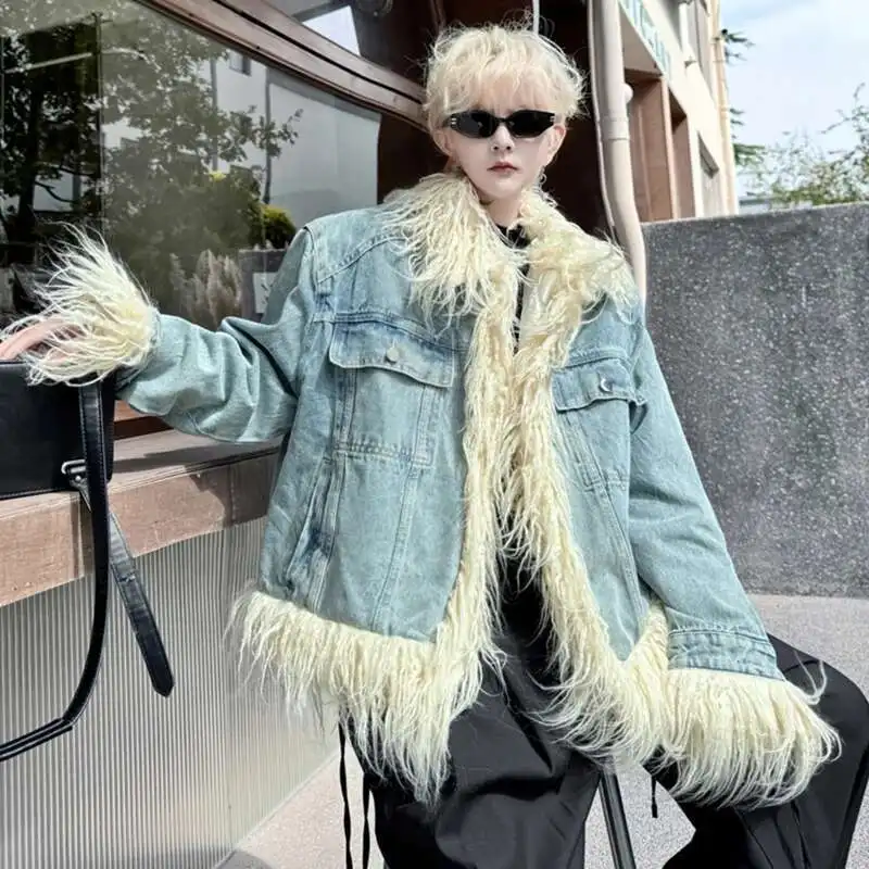LUZHEN High End Faux Fur Original Designer New 2024 Winter Denim Jackets Wool Patchwork Color Contrast Men's Streetwear LZ7681 4