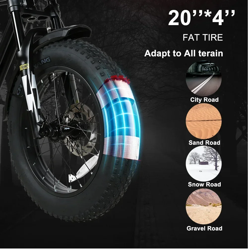 Ebike M20 1000W 48V16AH Mountain Moped Ebike 20"*4.0 Fat Tire Mens Road EBike For Adult E Bike