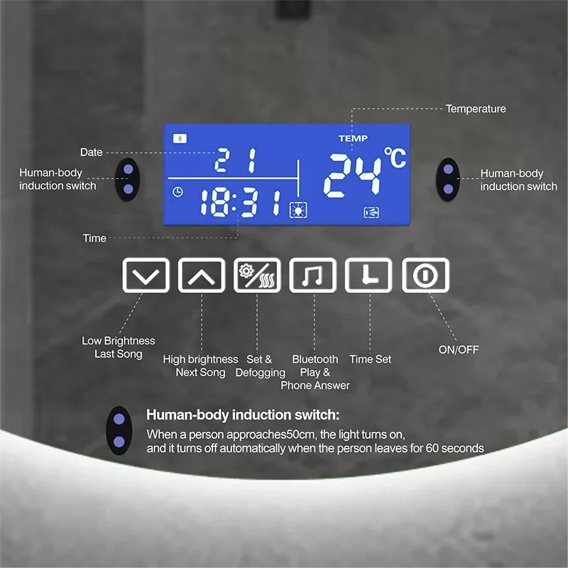 Dimmable LED Smart Round Wall Mounted Bathroom With Body Induction Anti-Fog Bluetooth Backlit Light Vanity Mirror