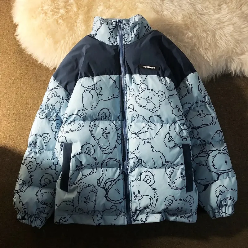 Winter Bear Cotton Parkas Coats Female Preppy Zipper Jacket Harajuku Thicken Oversize Outerwear Short Parka Padded Coat Fashon