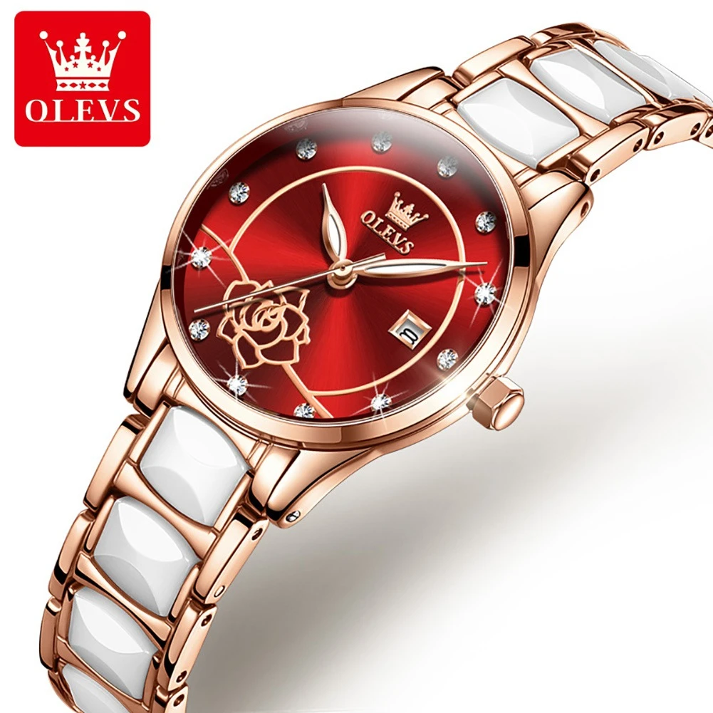 

OLEVS 3606 Quartz Fashion Watch Gift Ceramic Watchband Round-dial Calendar Luminous