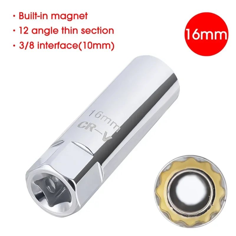 14/16mm Spark Plug Sleeve Wrench Car Repair Tool 3/8 Magnetic 12 Angle Thin Wall Sparks Plugs Removal Auto Repairs Tools