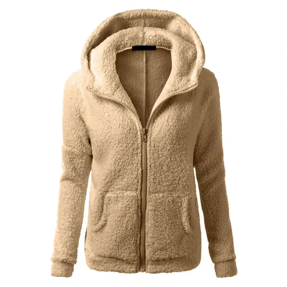 

Jacket Women Autumn Winter Fleece Hooded Overcoat Loose Solid Color Pocket Pullover Classic Windproof Zipper Up Overcoat 2023