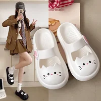 Mary Janes Women's Summer 2025 Outdoor Wear Thick Bottom Anti-slip Slip-On Sandals Cat Pattern Trendy Flat Footwear EVA Material