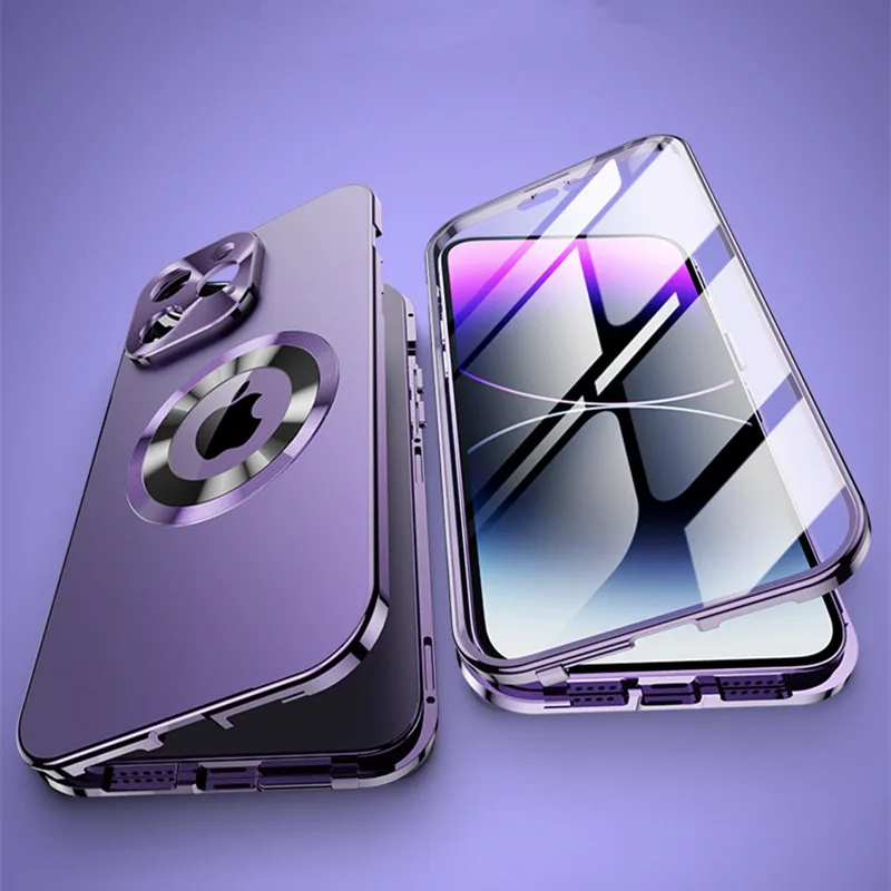

Original Color Matte Metal Glass Protector Magnetic Wireless For Magsafe Flip Case For iPhone 14 Pro Max 13 Logo Hollow Cover