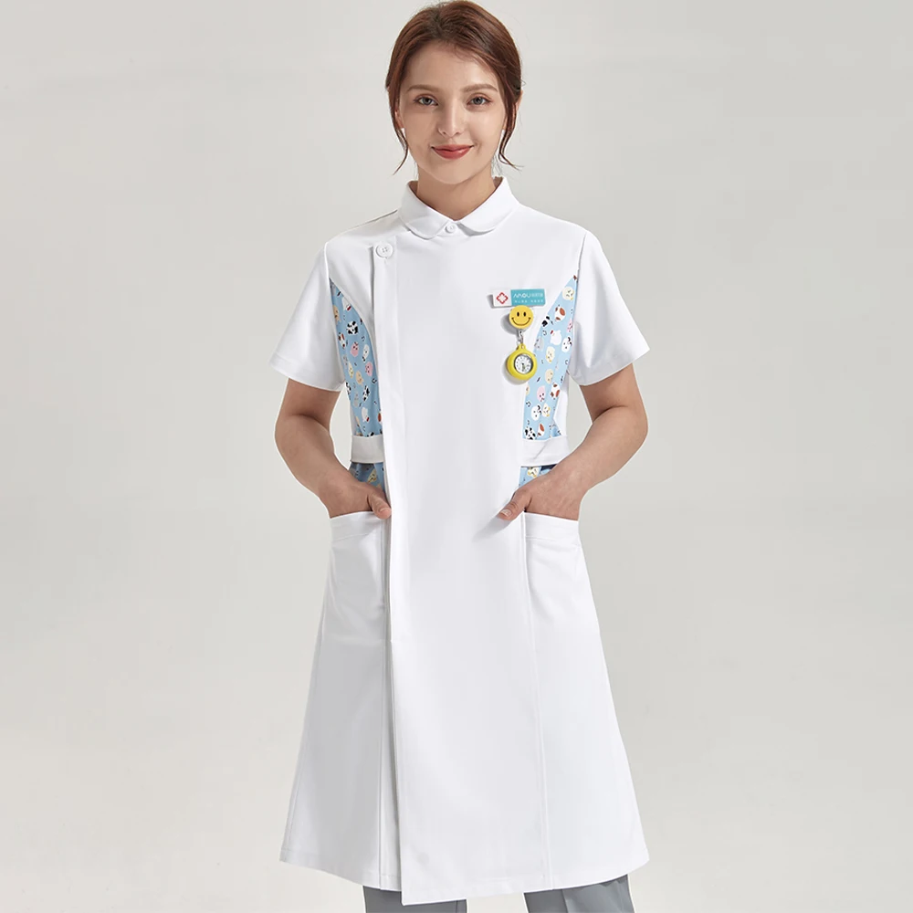 

Print Nurse Dress Scrubs Vitality Healthcare Tunic White Women Pet Vet Beautician Work Uniform Style Nursing Dresses Robe 803-01