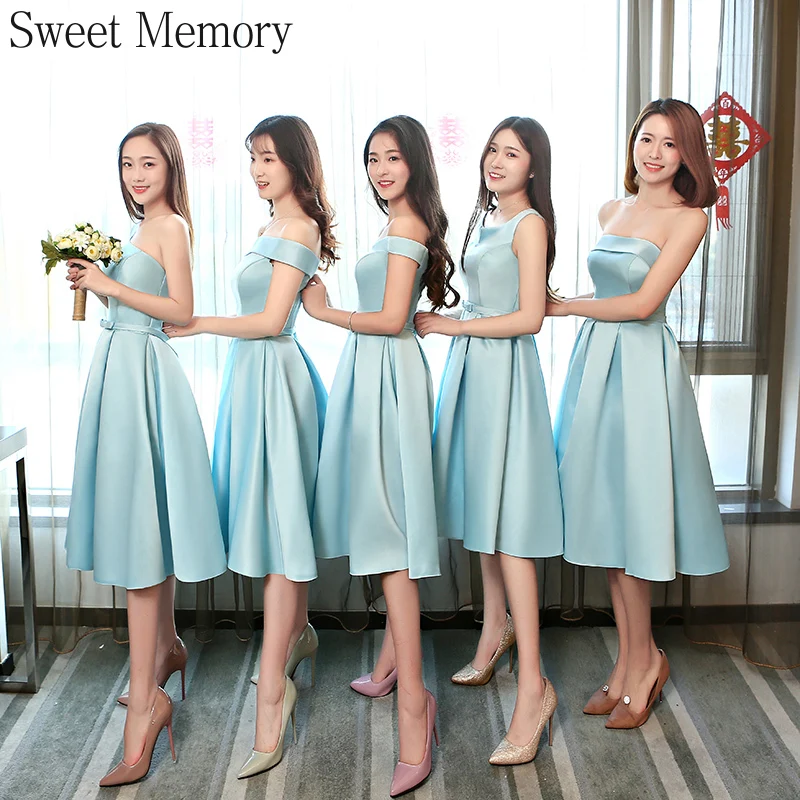 

M355 Girls Women Blue Bridesmaid Dress Champagne Grey Lace Up Tea-Length Princess Robe Wedding Guest Pary Dresses Prom