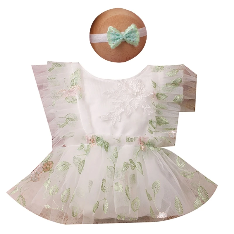 

2-piece Newborn Outfit Embroidery Fragmented Flower Lace Mesh Bodysuit Headwear