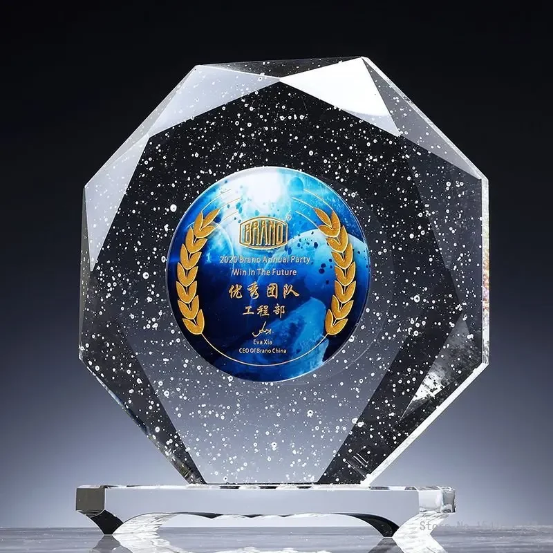 Custom Engraved Octagonal Crystal Medal, Production Honor, Creative, Home Decoration Awards Souvenir, Bubble Crystal Trophy, 1Pc
