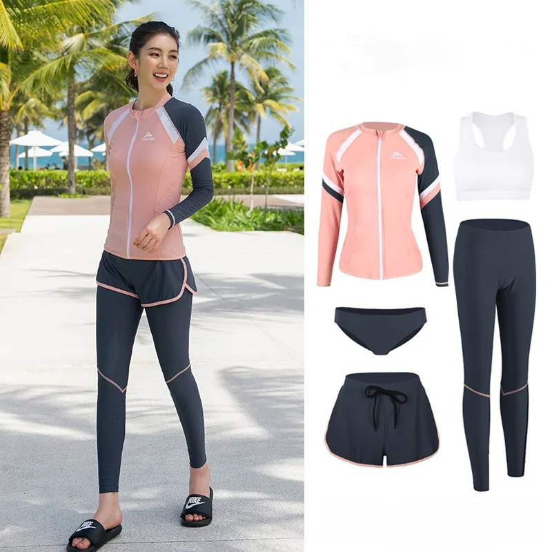 Women's 5pcs/set Long Sleeve Rash Guard Zip Swimsuit Full Body Bathing Suit for Adult Sun UV Protection Wetsuit Beach