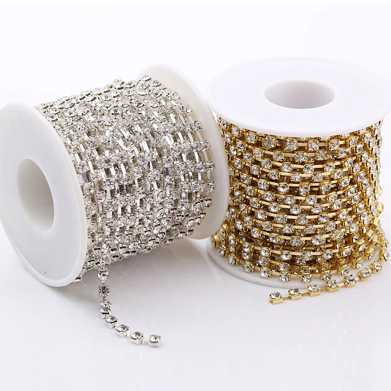 상위 등급 SS6-SS38(2mm-8mm) 스파 스 클리어 크리스탈 라인 석 컵 체인 슬리버/골드 크리스탈 AB 라인 석 체인 트림 장식