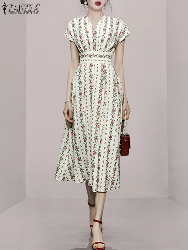 

ZANZEA Korean Cap Sleeve Party Dress Elegant Women Waist Evening Dress 2024 Summer Vintage V-neck Floral Printing Long Vestidos
