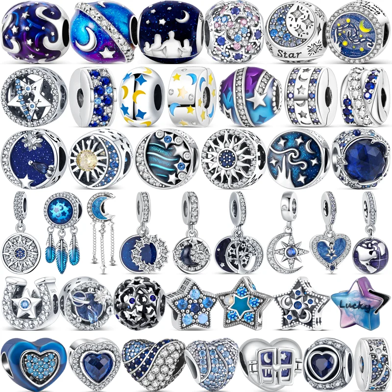 925 Sterling Silver Blue Mysterious Starry Sky Star Moon Sun Galaxy Heart Beads Fit Original Pandora Charms Bracelet DIY Jewelry