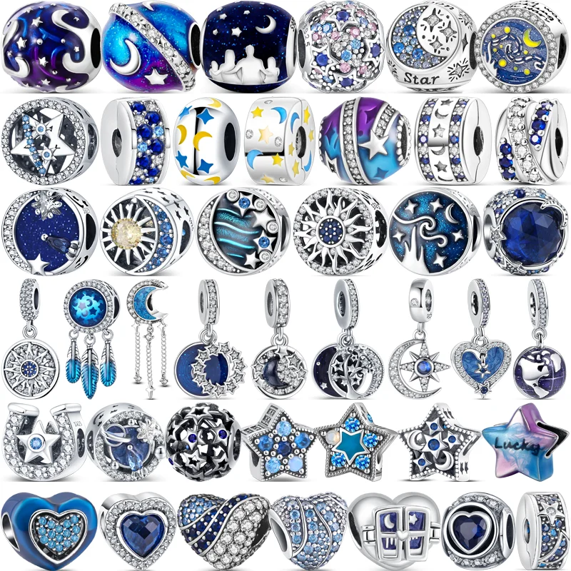 925 Sterling Silver Blue Mysterious Starry Sky Star Moon Sun Galaxy Heart Beads Fit Original Pandora Charms Bracelet DIY Jewelry love heart blue sky pendent beads charms fit original pandora bracelet 925 sterling silver for women diy fashion jewelry making