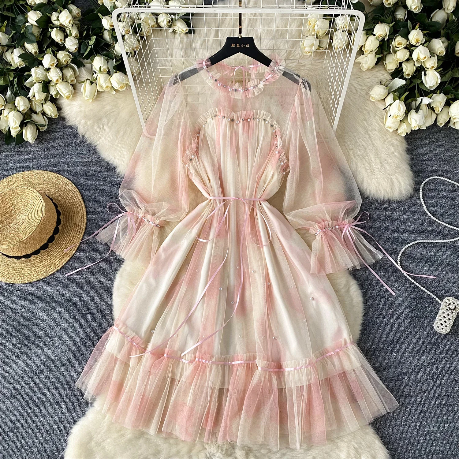 

French Vintage Sweet Elegant Mesh Rhine Stone Half Sleeve O Neck Dress Vacation Women Fashion Summer Spring Dresses