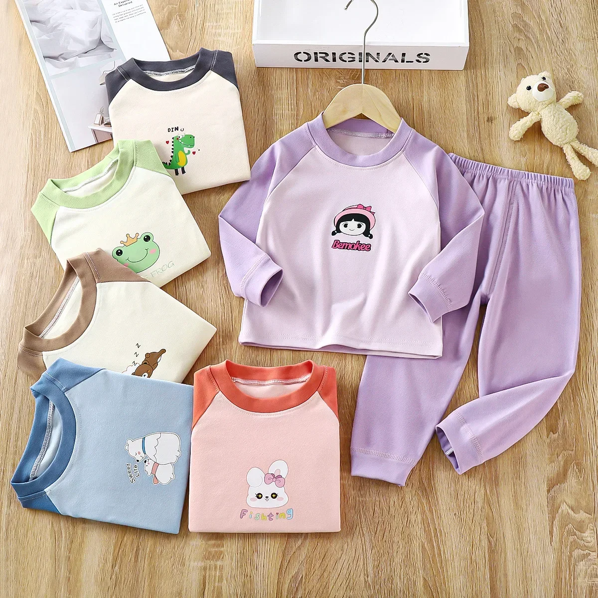 Baby Boys Girls Warm Pajamas Kids Cute Cartoon Animal O-neck T-Shirt Tops + Long Johns Pyjamas Autumn Underwear Clothing Sets