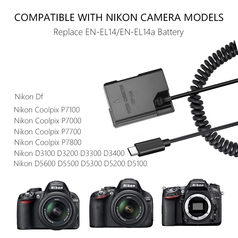 EP-5A DC 커플러 EN-EL14 EN-EL14a 더미 배터리 USB-C 케이블 키트, 카메라 니콘 D3200 D3500 D5300 D5600 Df Coolpix P7000 P7800