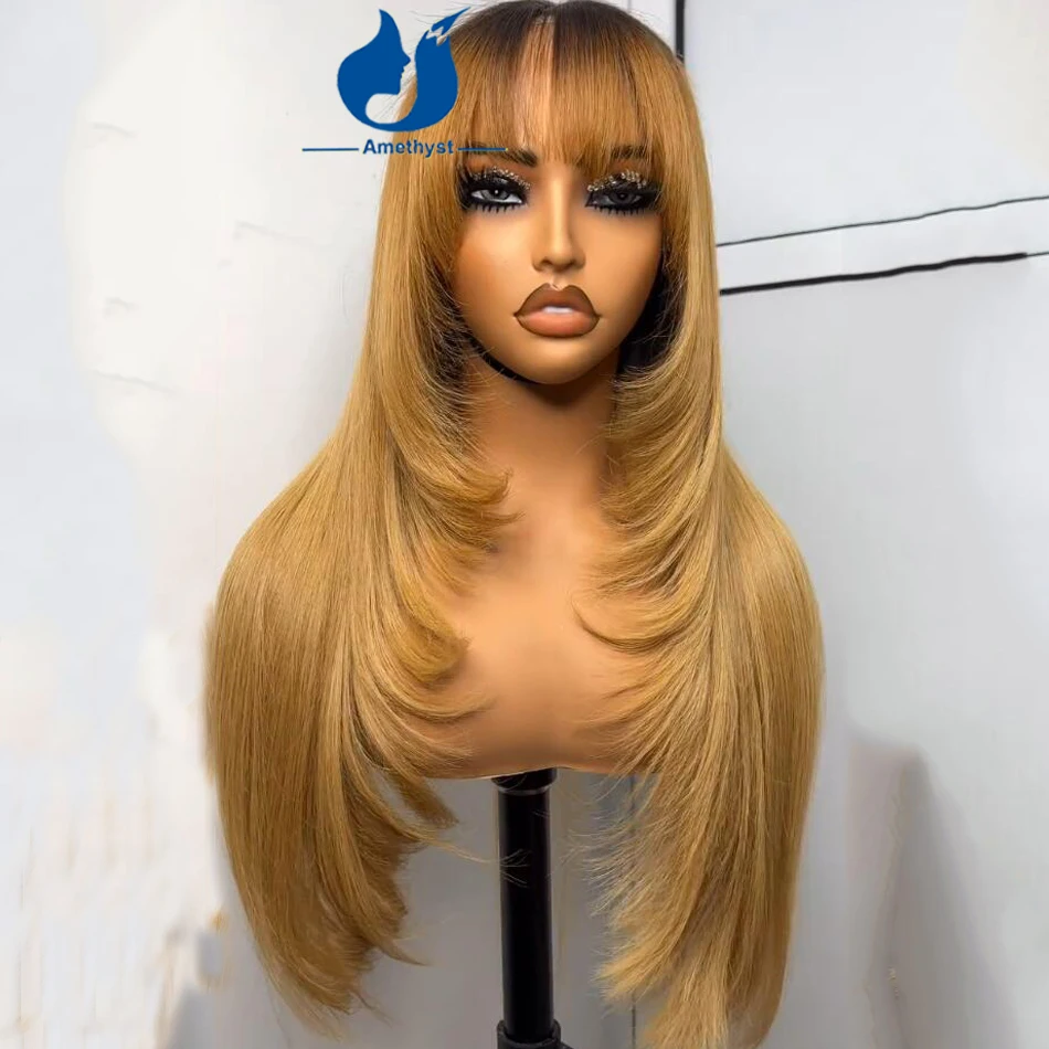 Amethyst Long Layered Cut 3/27 Blonde Human Hair Wig with Bangs Full Machine Wig Dark Root For Women Scalp Top Remy Brazilian