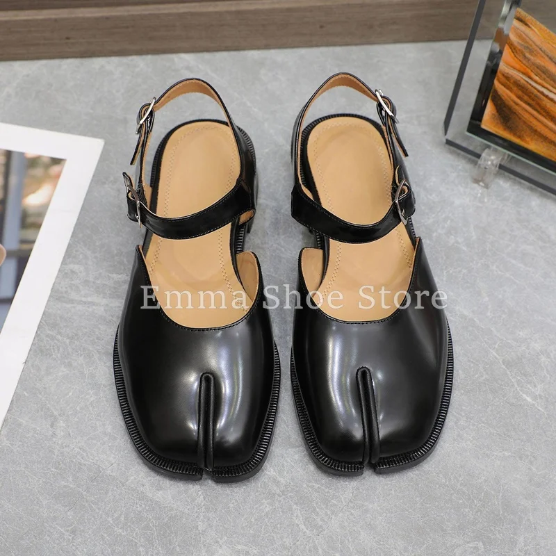 Women's Black Tabi Loafers Ankle Buckle Slingback Sandals Summer New Vintage Dress Shoes Fashion Genuine Leather Female Shoes