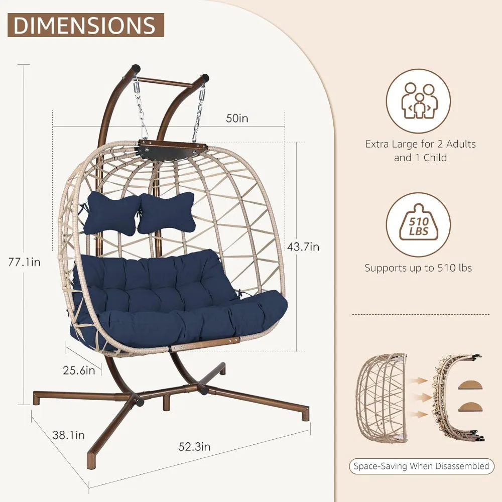Double Egg Chairs for Outside Navy 2 Person Egg Swing Chair with Stand Oversized Swing Chair,  Hammocks 5