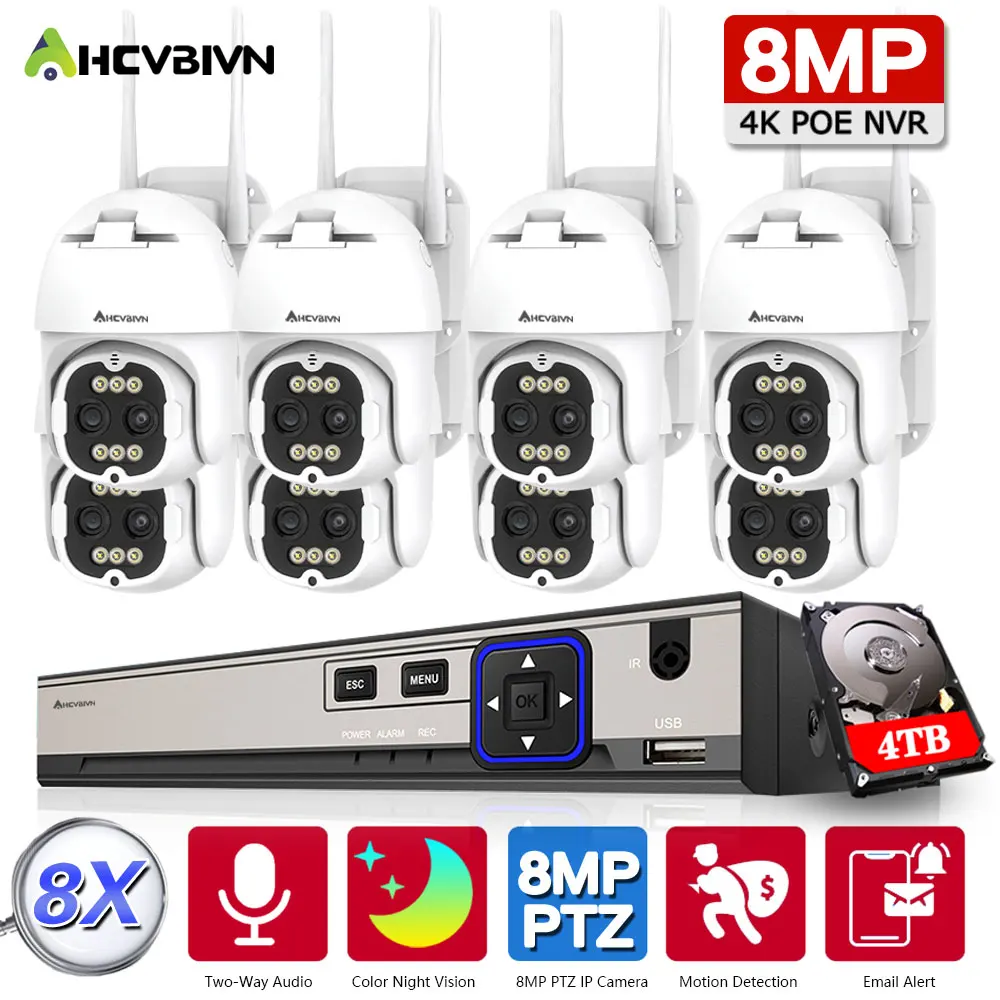 AHCVBIVN 8MP PTZ Wireless CCTV System Two Way Audio WIFI IP Security Camera 8CH P2P NVR Video Surveillance Kit Human Auto Track