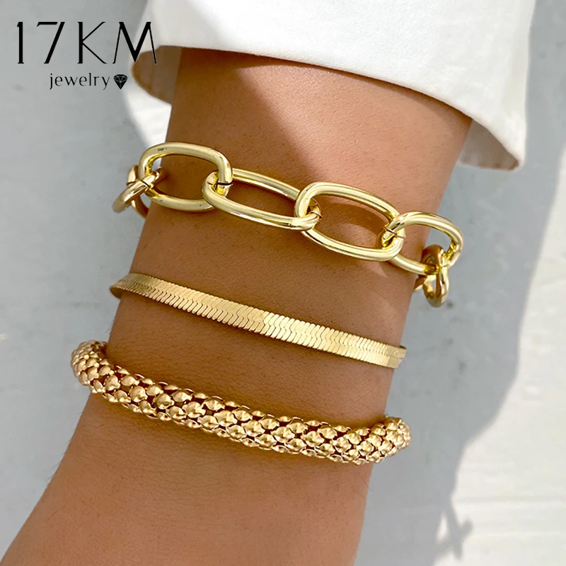 17KM Wide Adjustable Bracelets Set Metal Gold Color Bracelets for Women Classic Snake Chain Bracelet Girls Trendy Jewelry Gifts