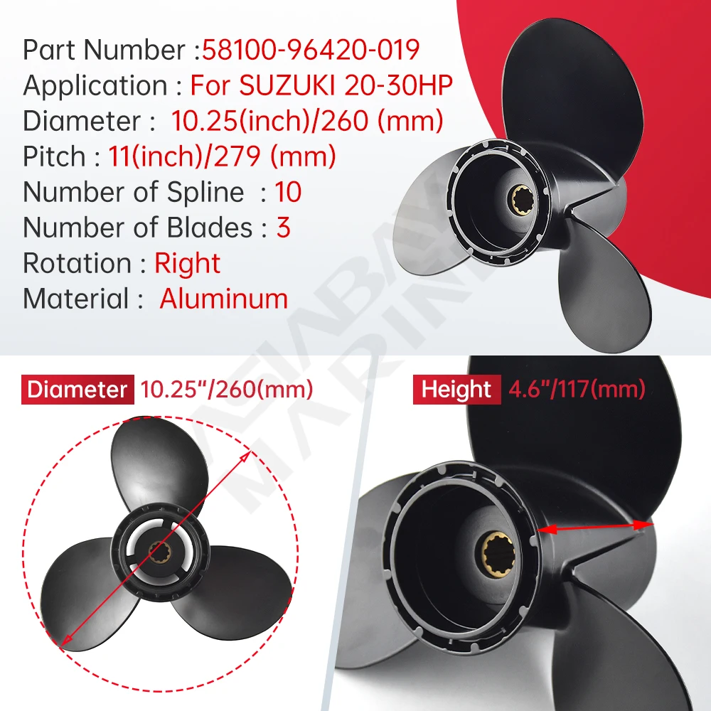 Suzuki Outboard Propeller marine propeller 10-1/4 x 11 Aluminum Screw 3 Blade 10 Spline Fits 20-30HP Boat Motors Part Number 58100-96420-019