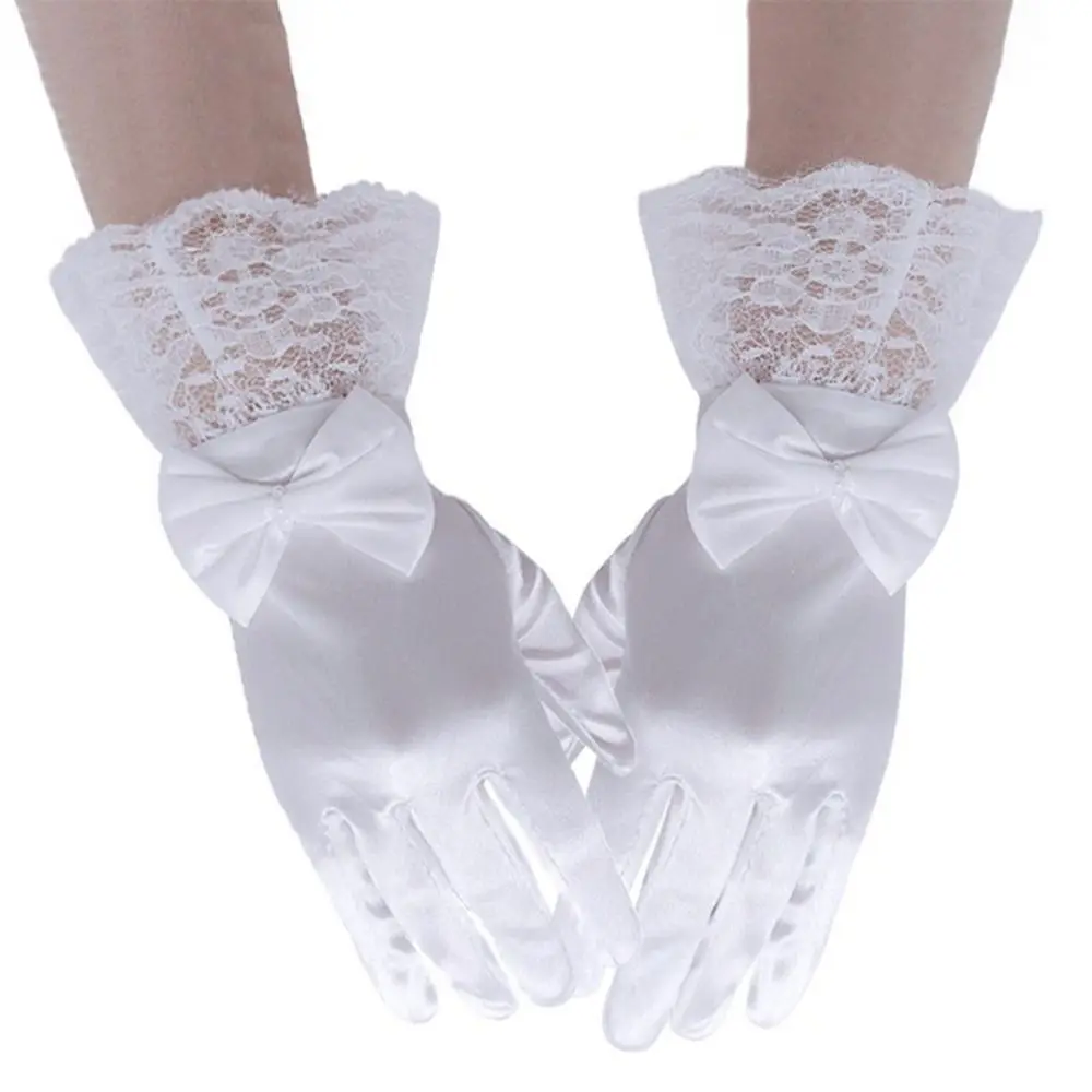Elegant White Children's Wedding Gloves Bow Knot Glossy Satin Etiquette Dress Gloves Elastic Short Dance Festival