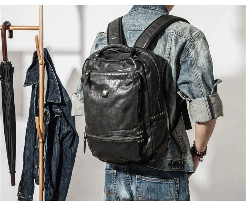 Lässiger, hochwertiger Rucksack aus echtem Leder für Herren und Damen, Designer-Rucksack aus weichem echtem Rindsleder, luxuriöser Reiserucksack für Teenager, schwarzer Laptop-Rucksack – Detail 7