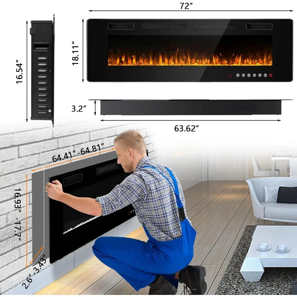 72 Inch Ultra-thin Silent Linear Electric Fireplace, Embedded Wall Mounted Fireplace, 12 Adjustable Flame Colors and Speeds 6