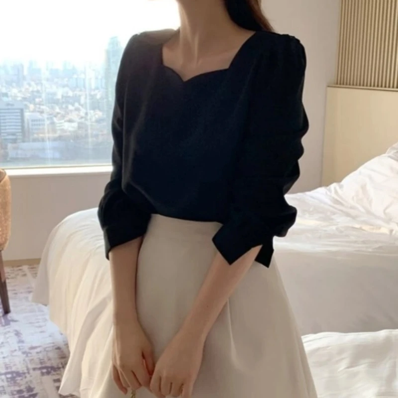 Elegant Square Collar Blouse for Women, Casual Loose Tops, Puff Sleeve, Simple Shirts, Spring and Autumn Fashion, 2024 New 8276
