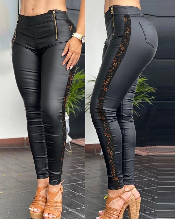 Women's Pants Casual Solid Crochet Lace Patch Zipper Design Pu Leather Pants Skinny Pu Leather Lace Zipper Skinny Trousers