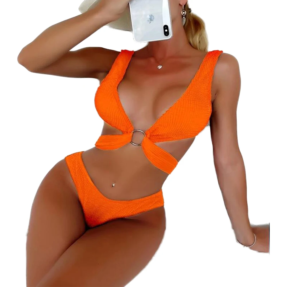 

FS 2022 Sexy Orange Green Plunge Triangle Bathing Suits Swimsuits Swimwear Solid Color Bikinis Set Two Pieces With Metal Ring