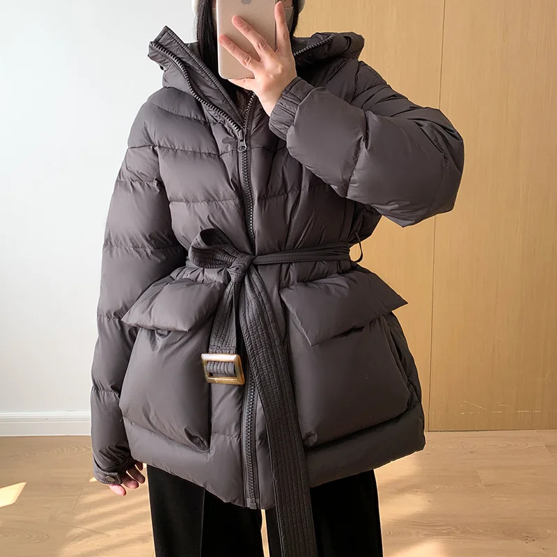 Winter Hooded Down Jacket Women Fluffy Belted Parkas High end Simple