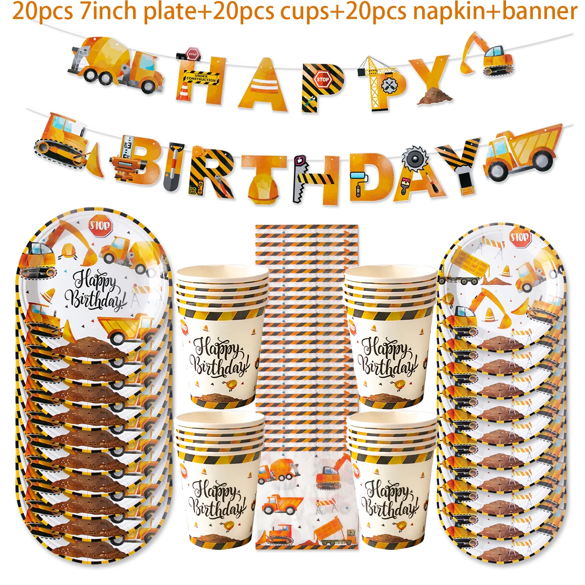 Construction Party Tableware Set – Disposable Plates, Cups, Napkins & Decor