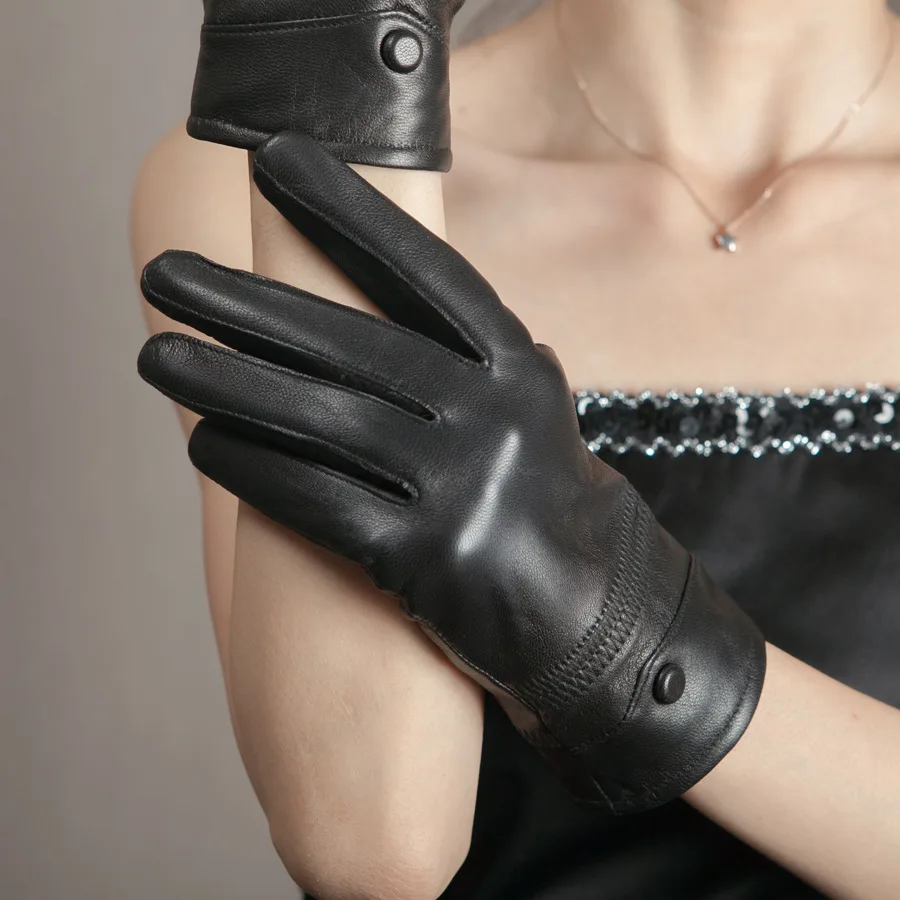 Genuine leather gloves, women's sheepskin insulation, thickened and plush, thin Haining, winter cycling, Korean version, split f