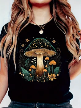 Whimsical Mushroom Forest Women's Tee - Enchanted Graphic, Casual Black Top 1