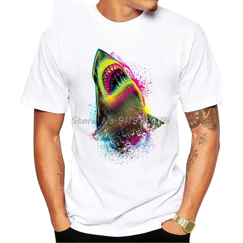 

Летняя новая модная сумасшедшая модель модели CMYK с принтом акулы, мужская летняя рубашка, брендовая Модная белая футболка, удобные топы