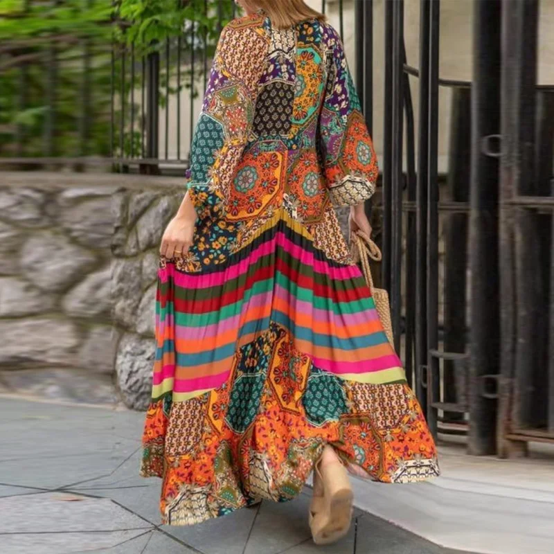 Indie Folk Style Pattern Print Pleated Long Dress Spring V Neck