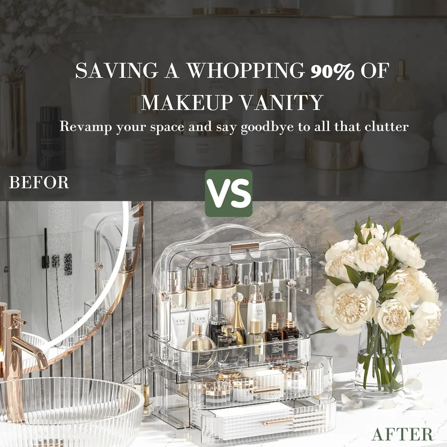 Cosmetics Storage Box With Lid and Handle Large Makeup Organizer Box Drawers for Skincare Display Cases Countertop, Bathroom 6